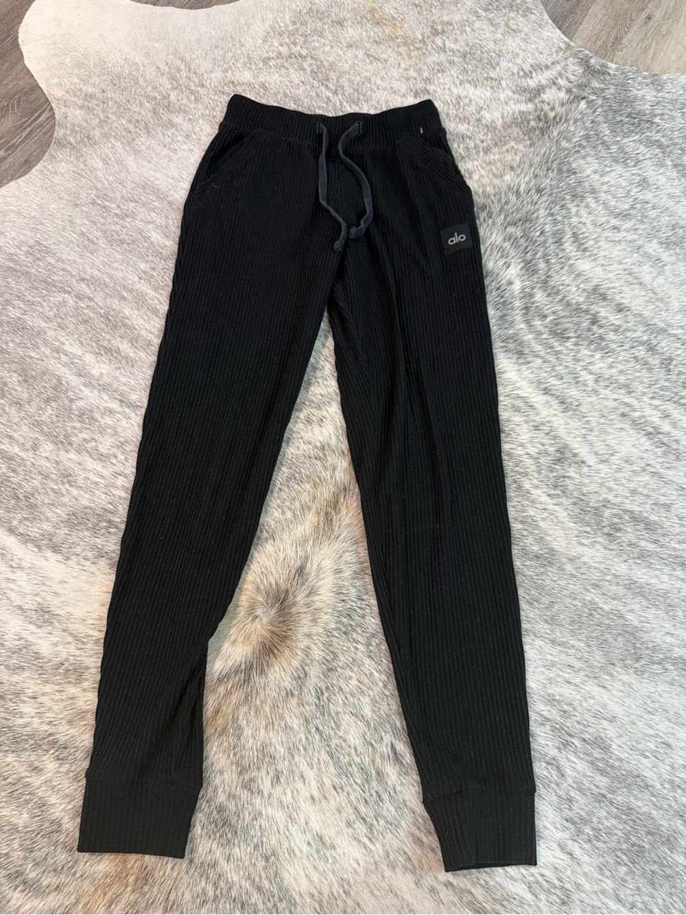 ALO Yoga Black Ribbed Slim Joggers with Drawstring